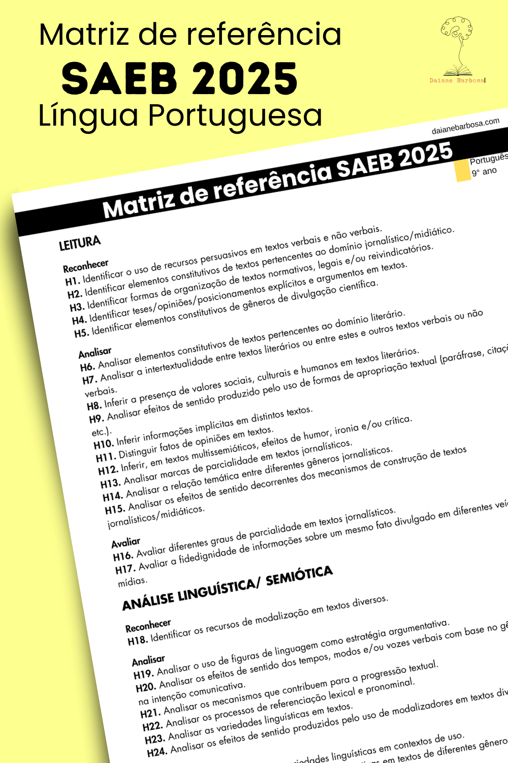 SAEB 2025 - Matriz de referência Língua Portuguesa - 9 ano